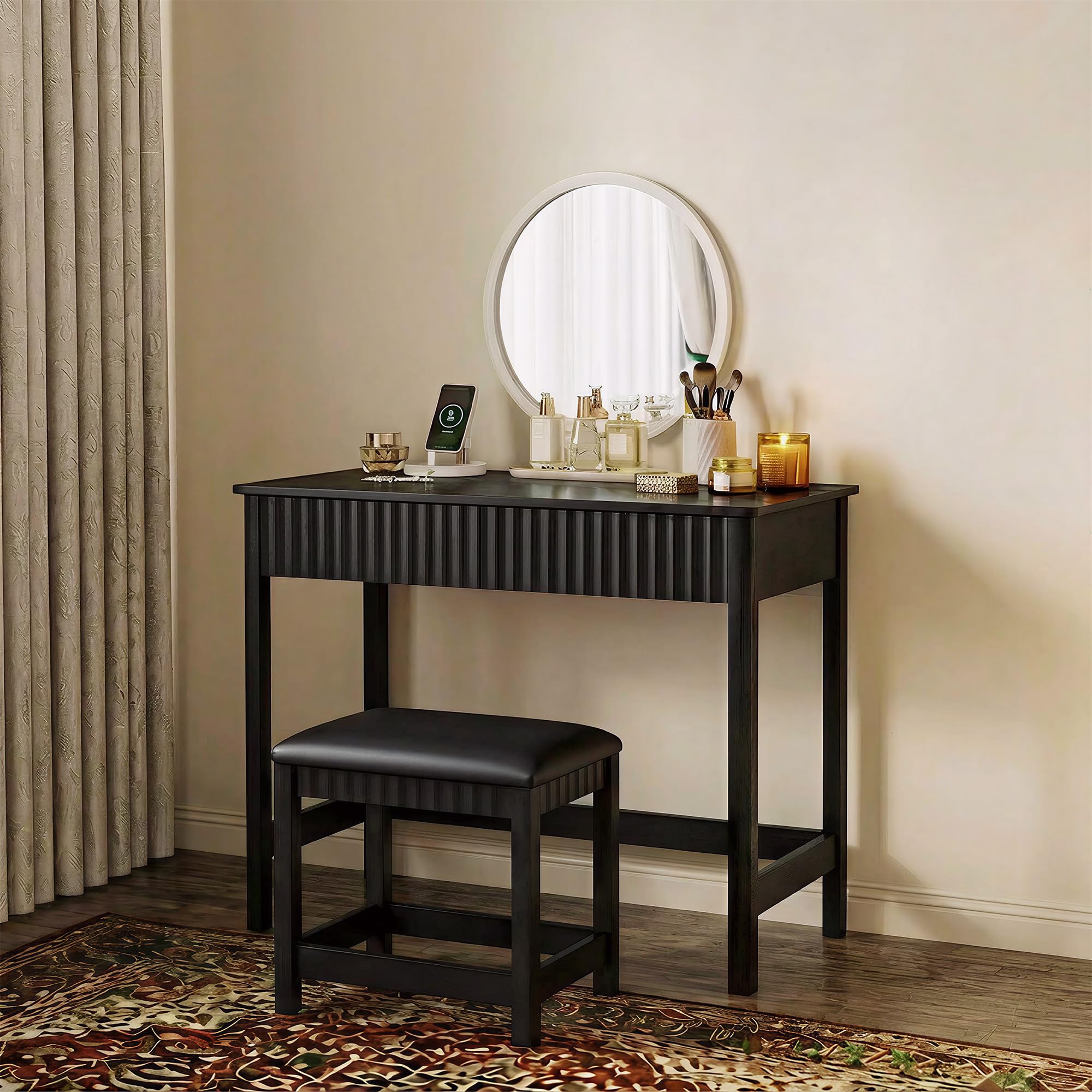 ChooChoo 40 Inch Modern Desk with Drawers, Makeup Vanity Desk with Padded Stool, Small Home Office Desk for Bedroom, White