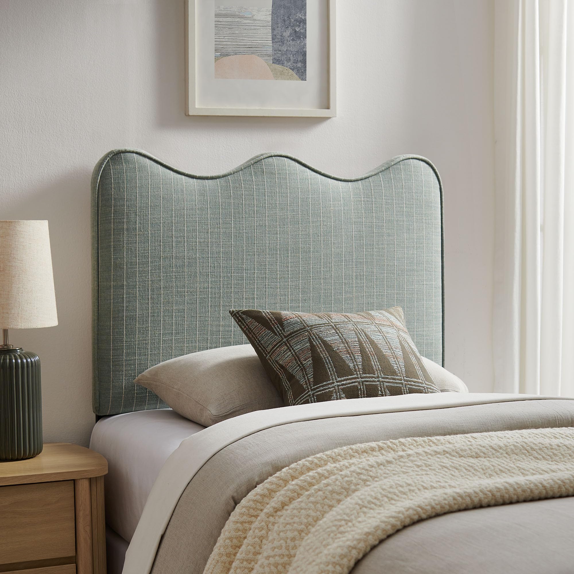Monday Athena Striped Fabric Upholstered Full Size Adjustable Headboard in Oatmeal Stripe - with Scalloped Wave Design and Soft Linen-Like Fabric