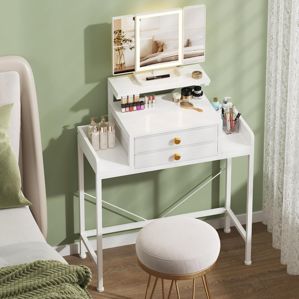 HIGDBFE Vanity Desk with Mirror and Lights, 28.4''W Small Makeup Vanity Table with Height-Adjustable Stand, 2 Fabric Drawers Compact Makeup Desk, Gift for Girls, Bedroom Small Space, White