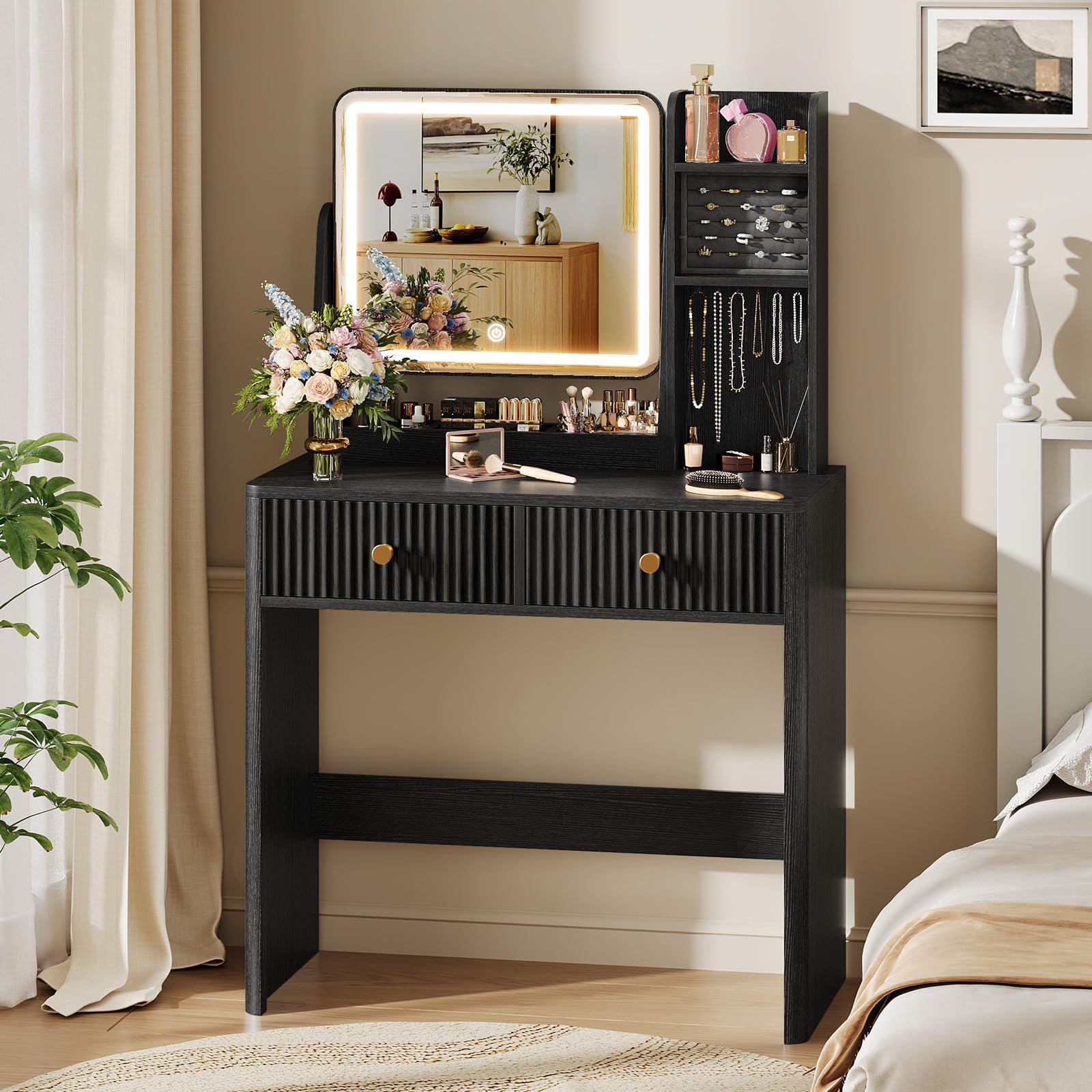 Memobarco Fluted Vanity Desk with Mirror and Lights, Small Makeup Vanity with 2 Drawers and Jewelry Storage Cabinet, 3 Lighting Modes Adjustable Brightness, Dressing Table for Bedroom - Natural Oak