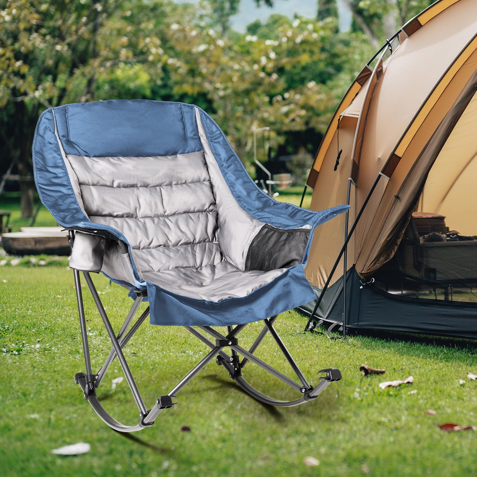 2 PCS Oversized Rocking Camping Chair for Adults - 400lbs Capacity Padded Camp Chair, Portable Foldable Outdoor Rocker Chair for Camping, Backyard, Patio (Black & Gray)