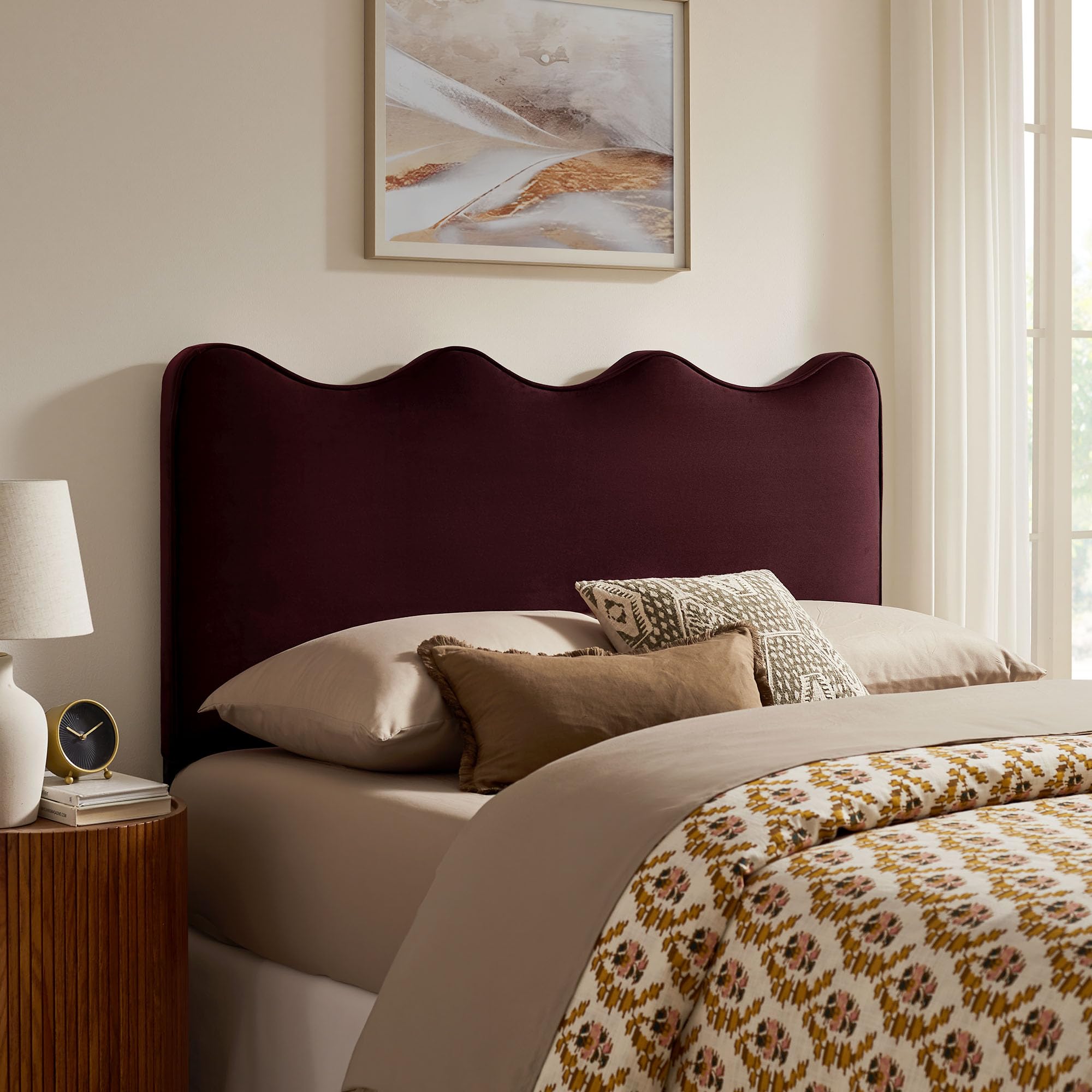 Monday Athena Striped Fabric Upholstered Full Size Adjustable Headboard in Oatmeal Stripe - with Scalloped Wave Design and Soft Linen-Like Fabric