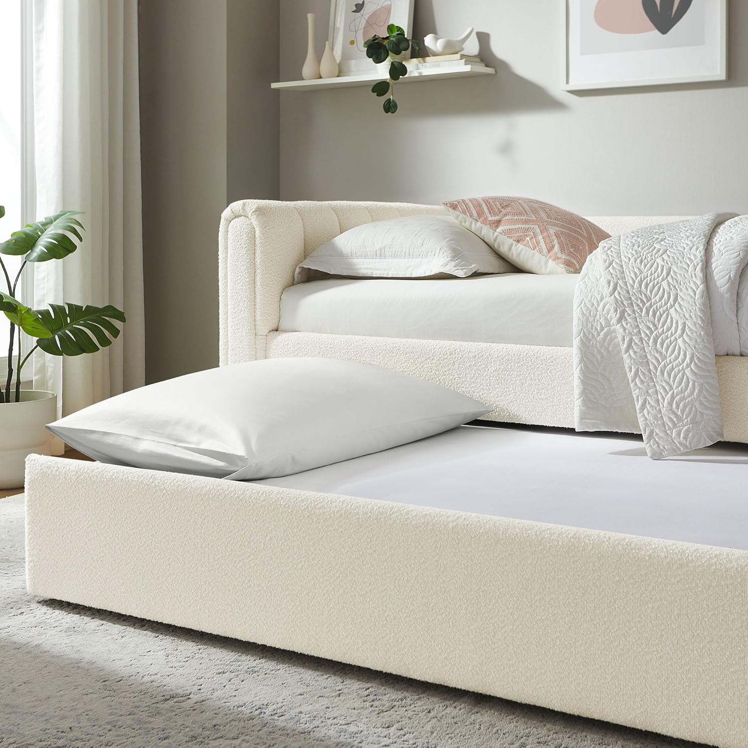 Veyla Twin Size Boucle Fabric Daybed in Cloud with Trundle – Channel Tufted Upholstered Sofa Bed with Wood Slat Support