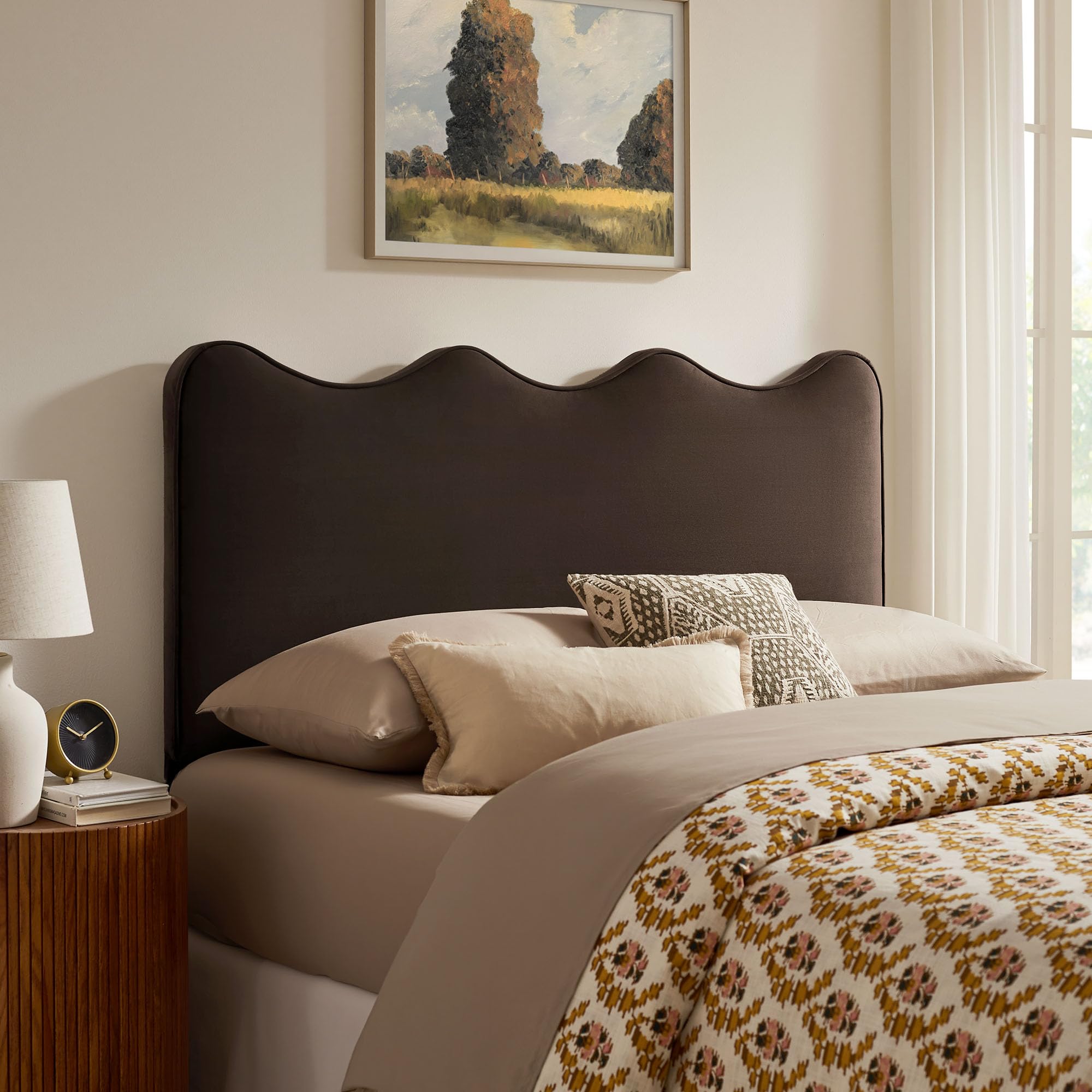Monday Athena Striped Fabric Upholstered Full Size Adjustable Headboard in Oatmeal Stripe - with Scalloped Wave Design and Soft Linen-Like Fabric
