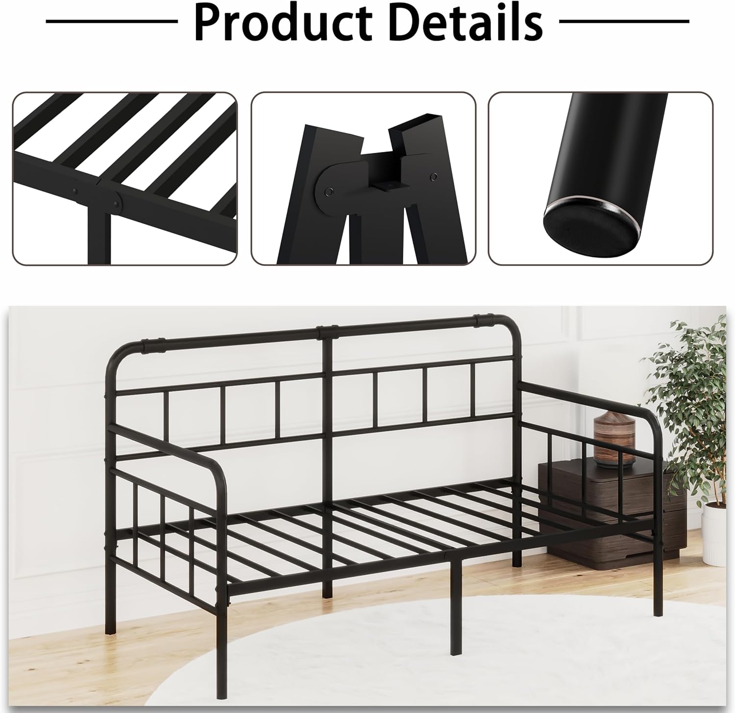 Daybed-Metal-Twin-Bed-Frames - with Modern Headboard,Strong Mattress Foundation with Steel Slats Support,No Box Spring Needed,Black