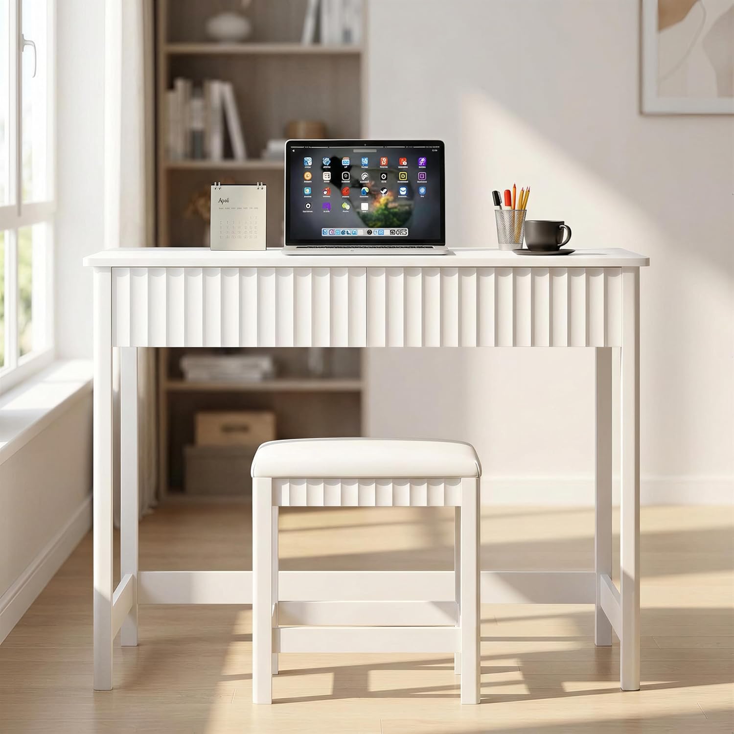 ChooChoo 40 Inch Modern Desk with Drawers, Makeup Vanity Desk with Padded Stool, Small Home Office Desk for Bedroom, White