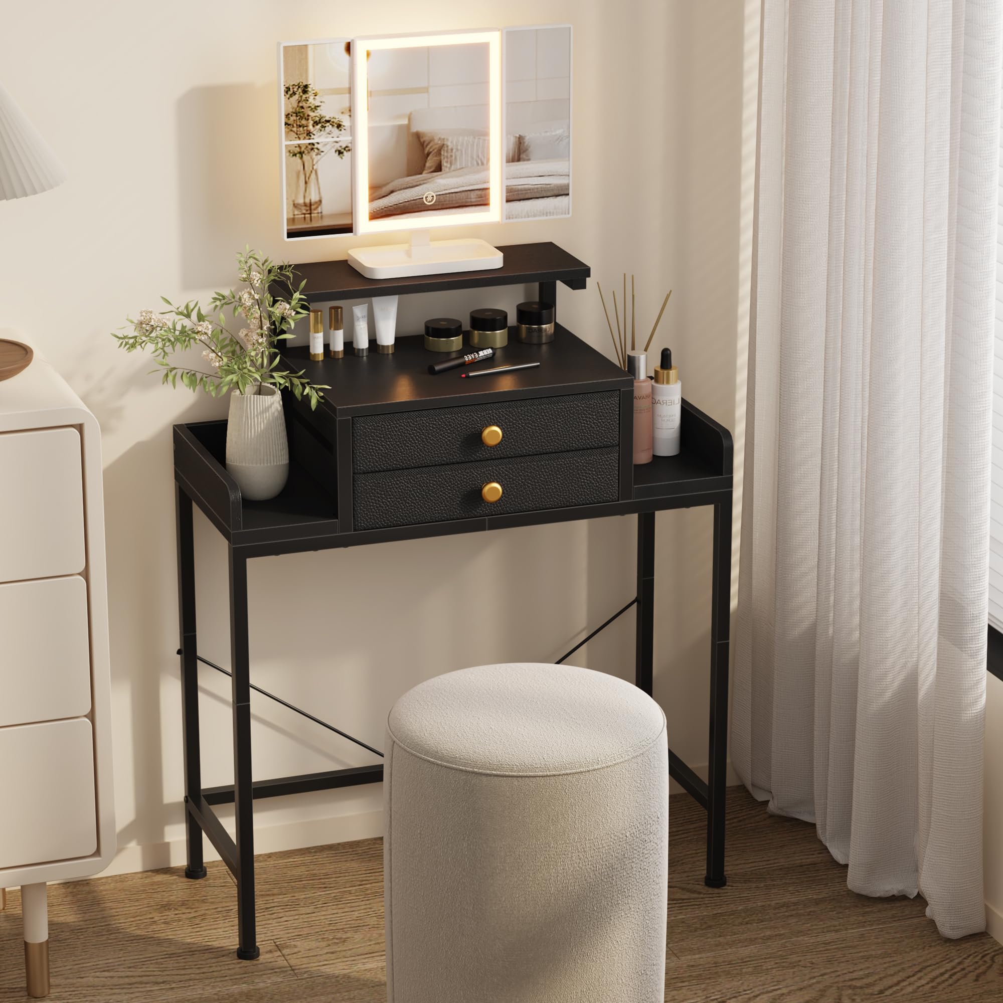 HIGDBFE Vanity Desk with Mirror and Lights, 28.4''W Small Makeup Vanity Table with Height-Adjustable Stand, 2 Fabric Drawers Compact Makeup Desk, Gift for Girls, Bedroom Small Space, White