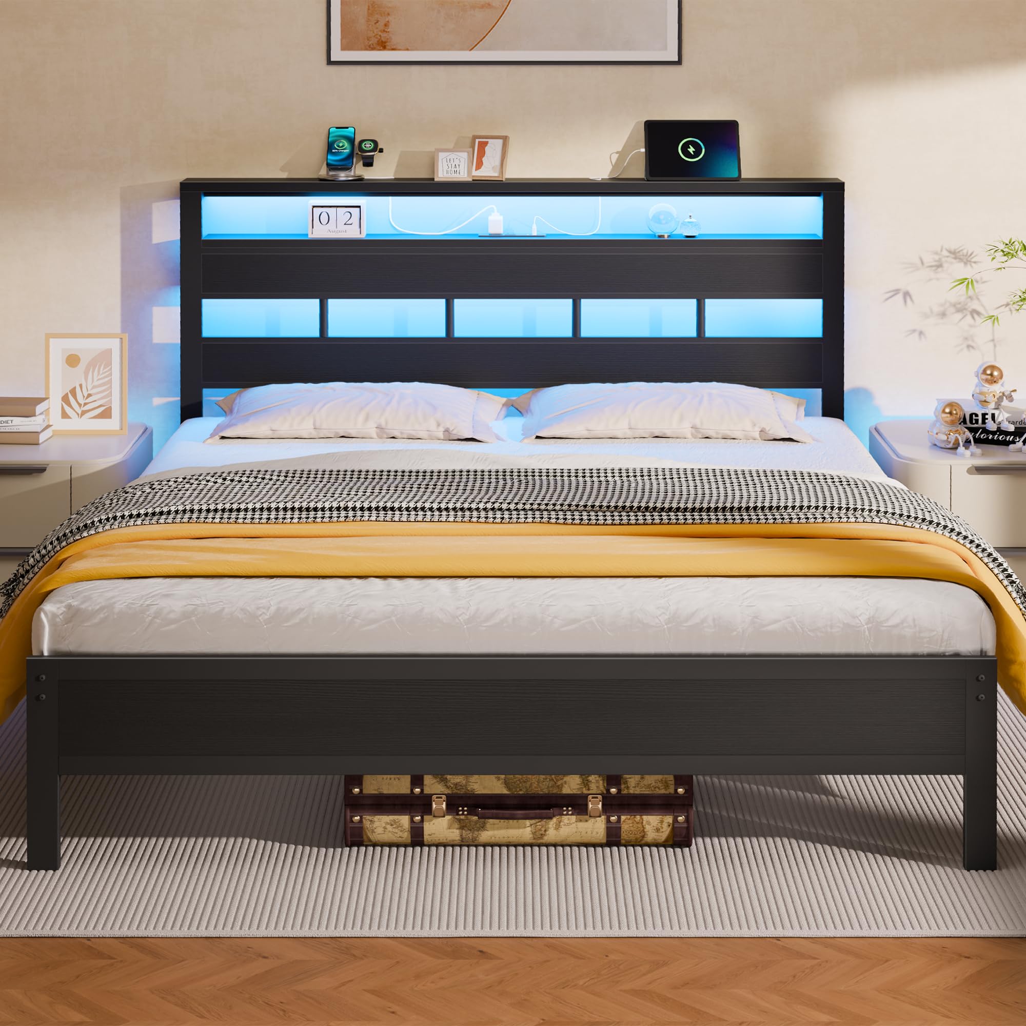 Furnulem Twin Bed Frames with Charging Station and LED Lights, Twin Size Platform Bed with Metal Slats, Wood Headboard with 2-Tier Storage Shelves, No Box Spring Needed, Black Oak