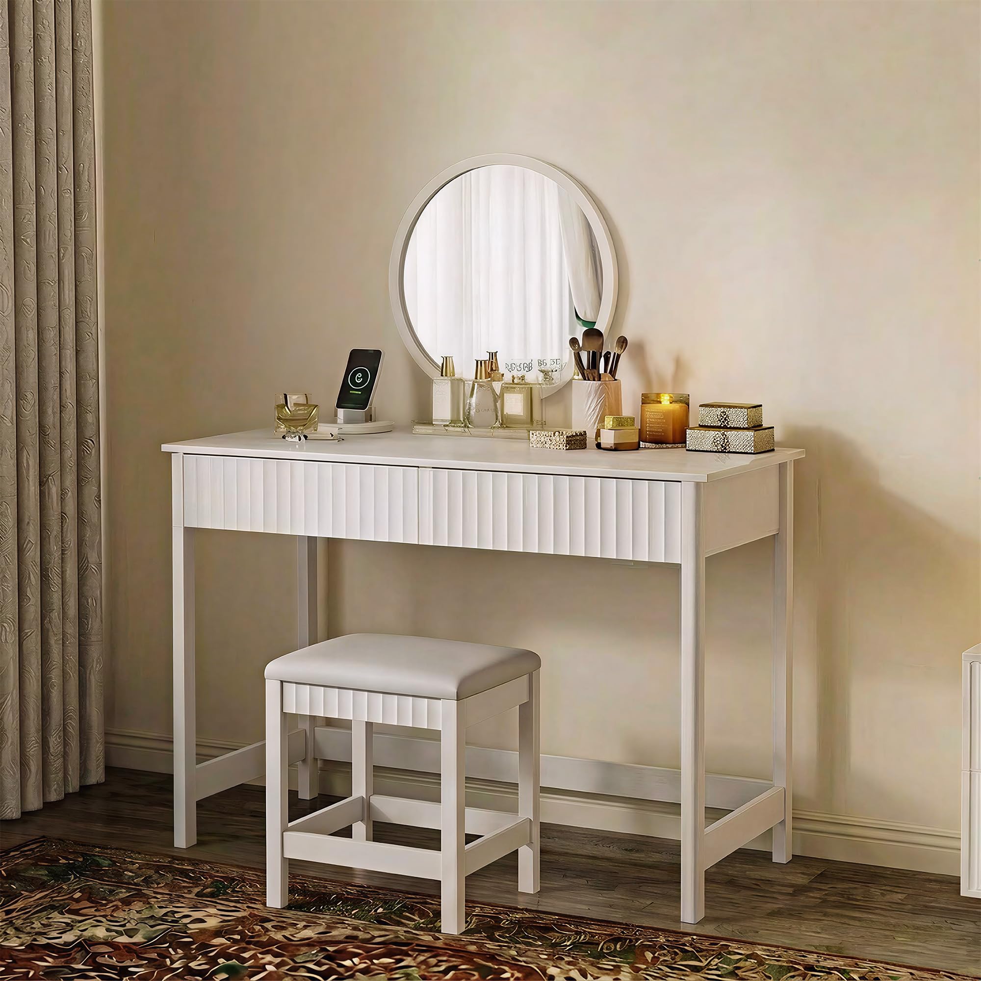 ChooChoo 40 Inch Modern Desk with Drawers, Makeup Vanity Desk with Padded Stool, Small Home Office Desk for Bedroom, White