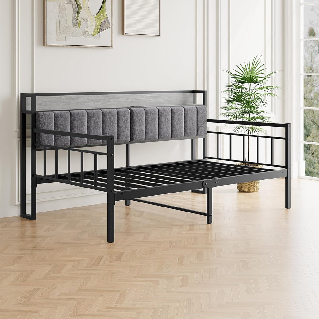 BOFENG Metal Daybed Frame Twin Size with Charging Station,Metal Twin Bed Frame with Upholstered Headboard with Strong Steel Slats for Living Room,Bedroom and Guest Room