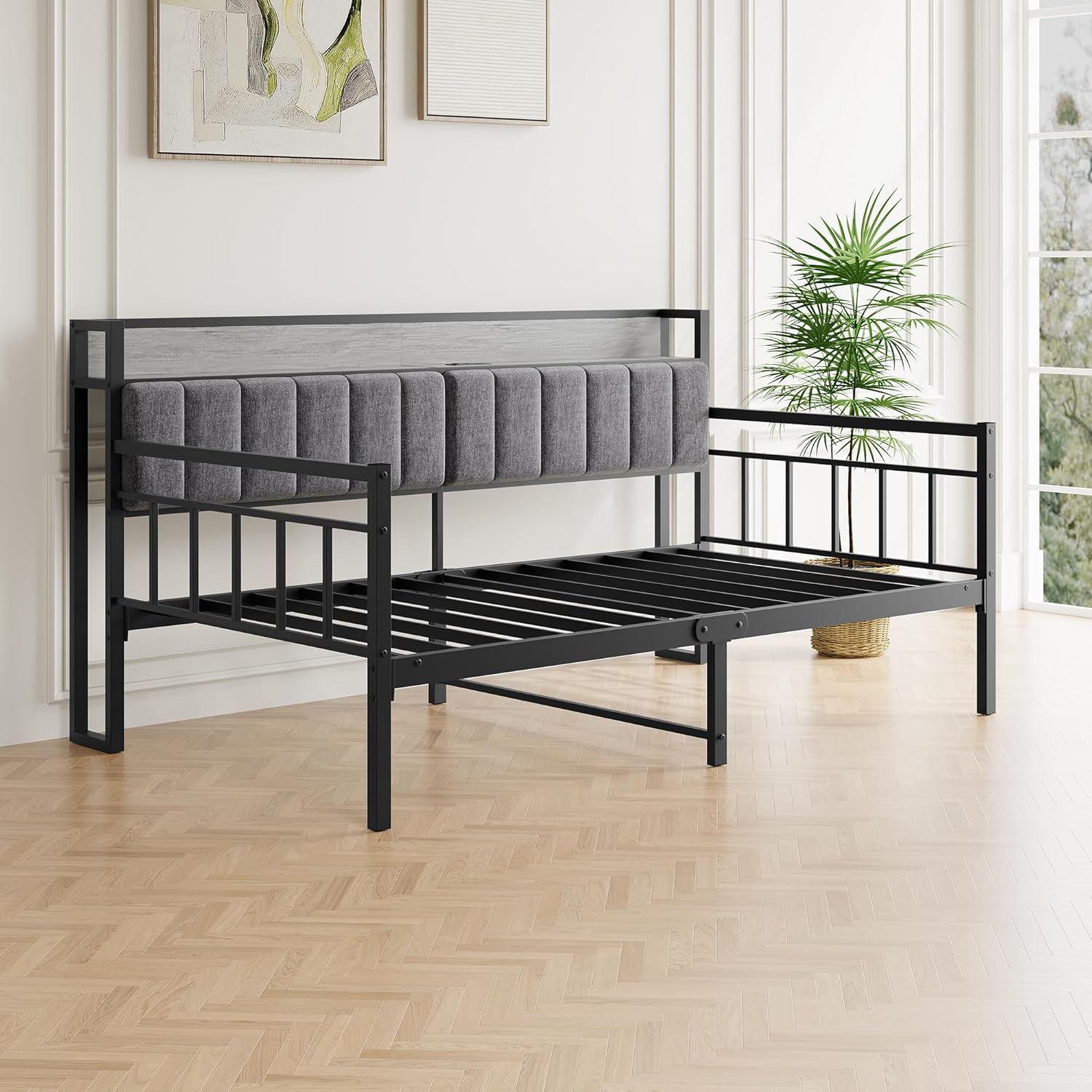BOFENG Metal Daybed Frame Twin Size with Charging Station,Metal Twin Bed Frame with Upholstered Headboard with Strong Steel Slats for Living Room,Bedroom and Guest Room
