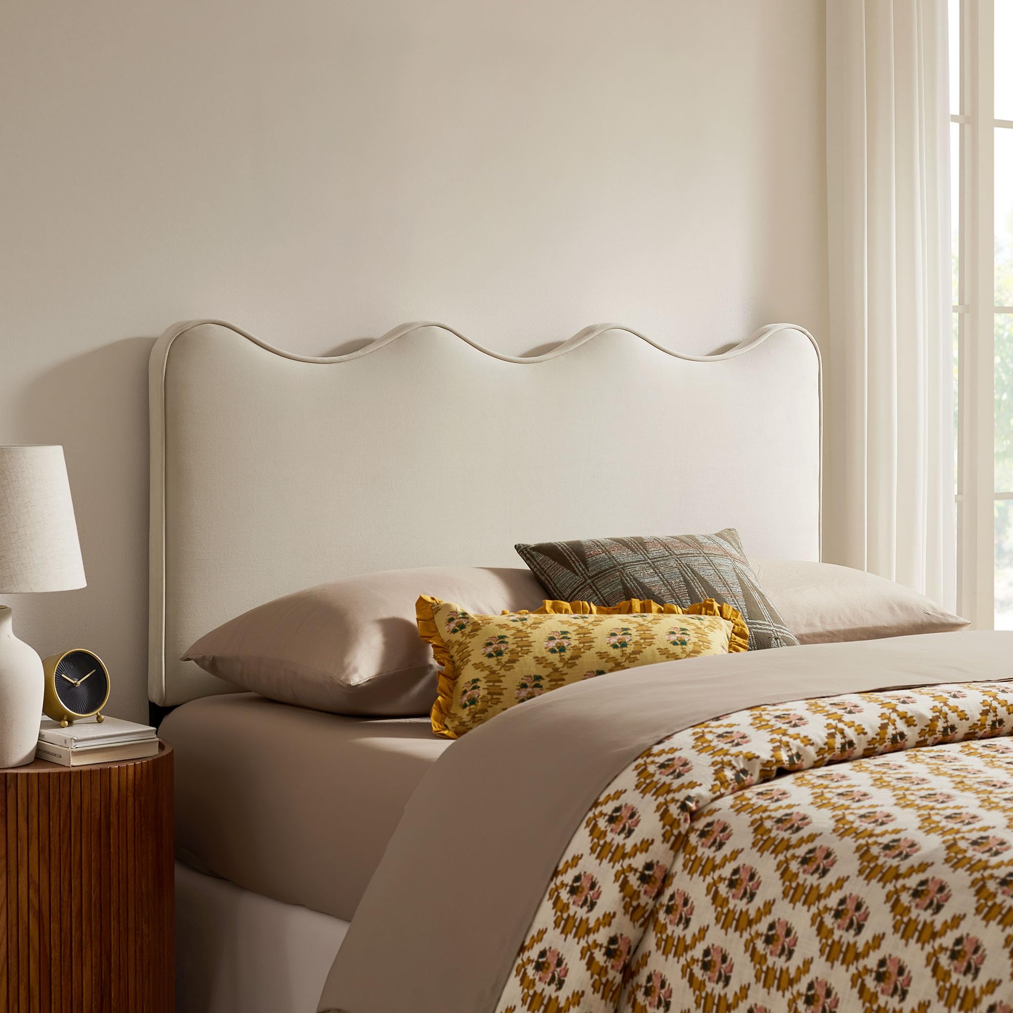 Monday Athena Striped Fabric Upholstered Full Size Adjustable Headboard in Oatmeal Stripe - with Scalloped Wave Design and Soft Linen-Like Fabric