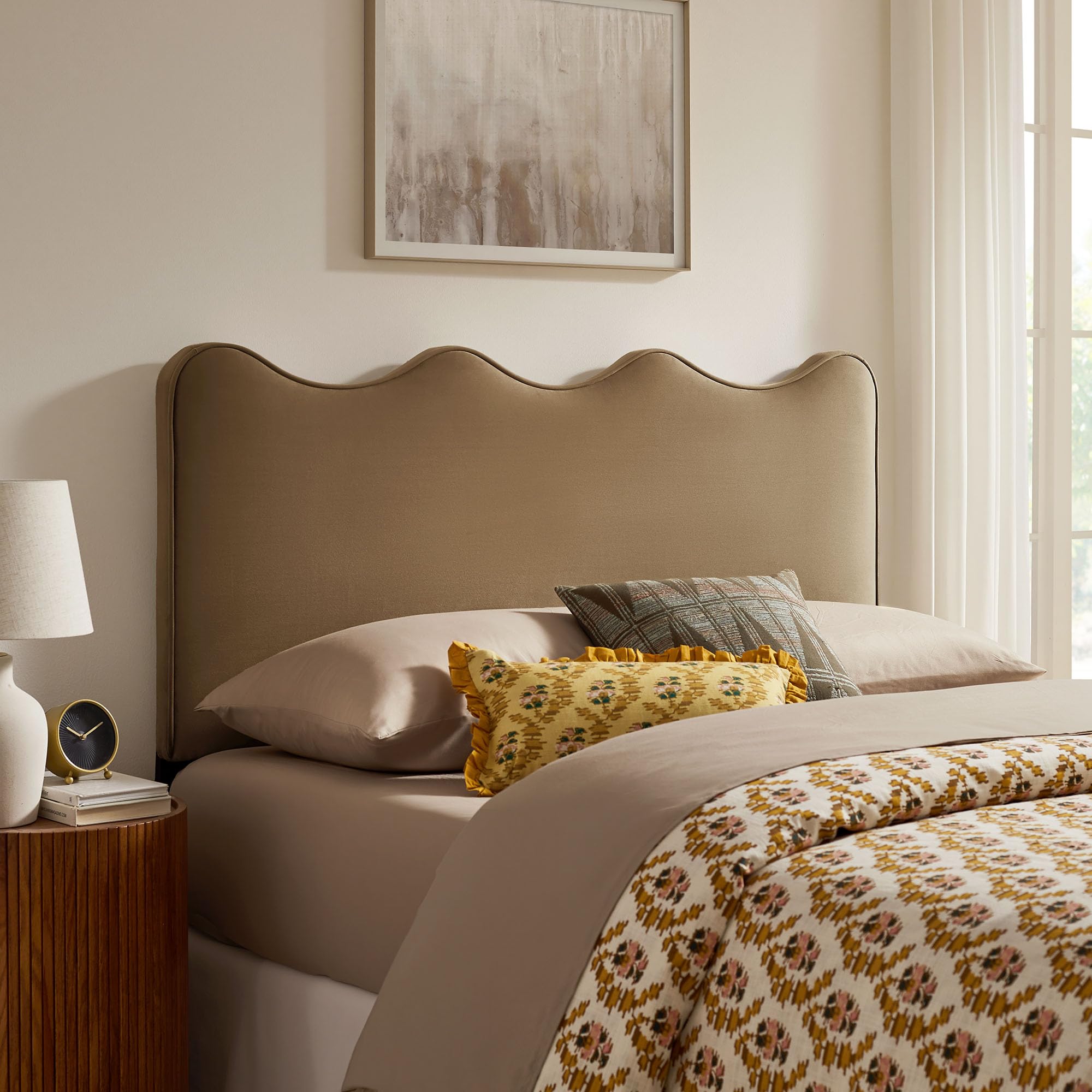 Monday Athena Striped Fabric Upholstered Full Size Adjustable Headboard in Oatmeal Stripe - with Scalloped Wave Design and Soft Linen-Like Fabric