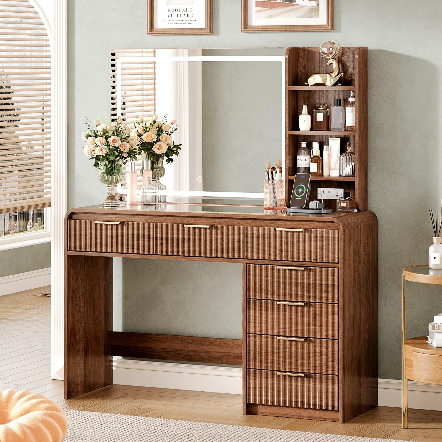 47“Makeup Vanity Desk with 44.8" Mirror and Lights, Vanity Desk with 7 Drawers, Makeup Vanity Table with a Glass Tabletop, 3 Color Modes & Adjustable Brightness Dressing Table, Bedroom,Oak