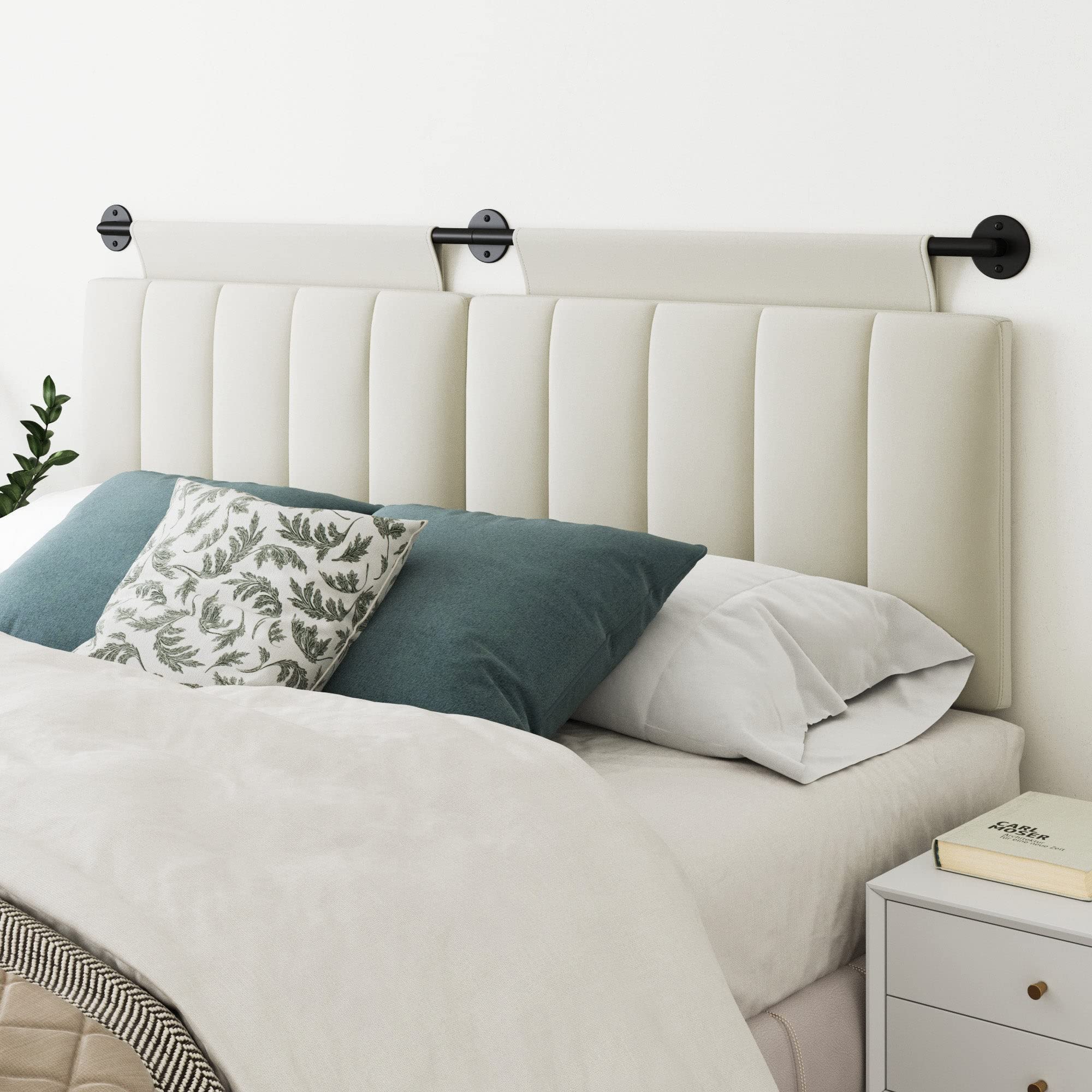 Nathan James Charlie Wall Mount Hanging Upholstered Headboard, Queen, White Boucle with Brown Faux Leather Straps