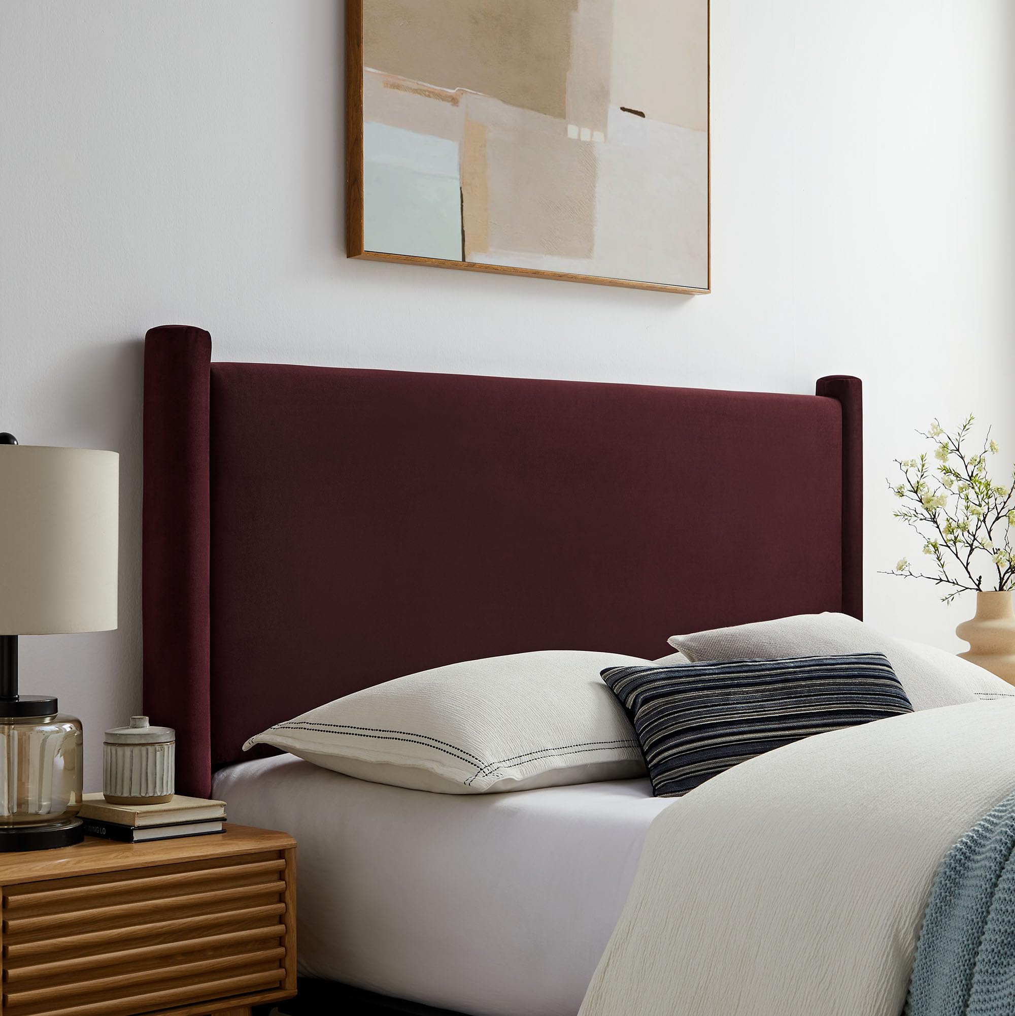Modway Rael Queen Upholstered Headboard with Pillars in Chocolate Brown – Velvet Headboard – Stain-Resistant Performance Velvet Headboard for Queen Size Beds