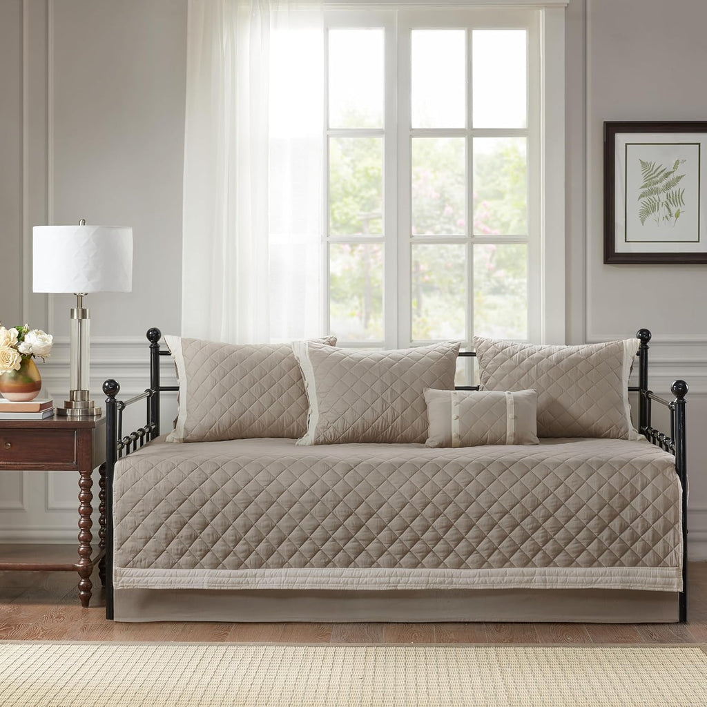 Madison Park 100% Cotton Daybed Cover Set - Trendy Design, All Season Luxury Bedding with Bedskirt, Matching Shams, Decorative Pillow, Diamond Quilted, Khaki 75"x39" 6 Piece