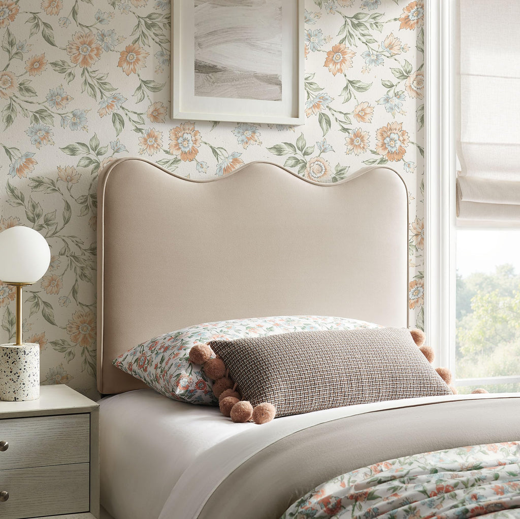 Monday Athena Striped Fabric Upholstered Full Size Adjustable Headboard in Oatmeal Stripe - with Scalloped Wave Design and Soft Linen-Like Fabric