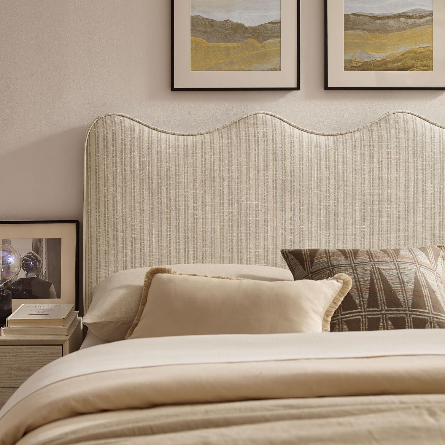 Monday Athena Striped Fabric Upholstered Full Size Adjustable Headboard in Oatmeal Stripe - with Scalloped Wave Design and Soft Linen-Like Fabric