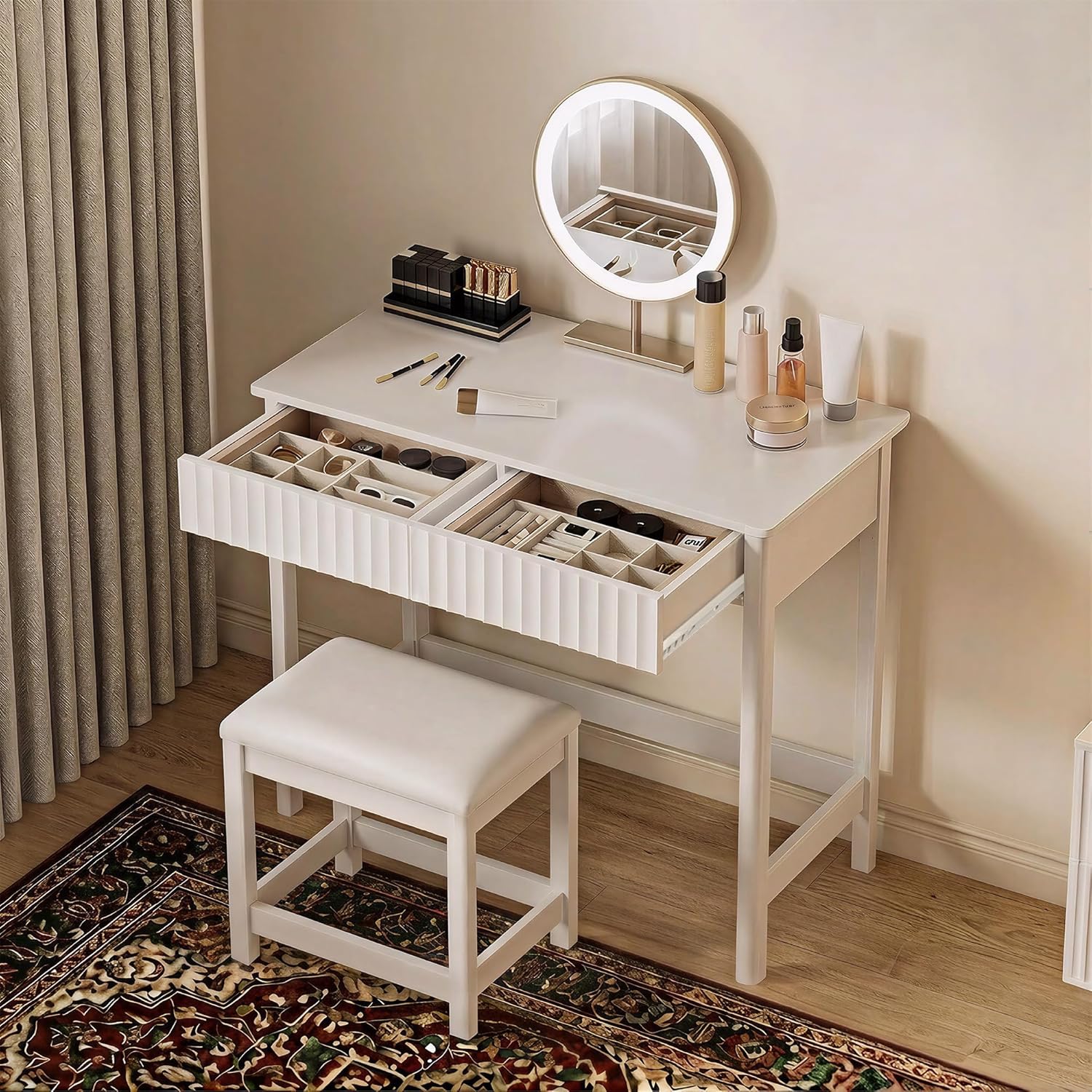 ChooChoo 40 Inch Modern Desk with Drawers, Makeup Vanity Desk with Padded Stool, Small Home Office Desk for Bedroom, White