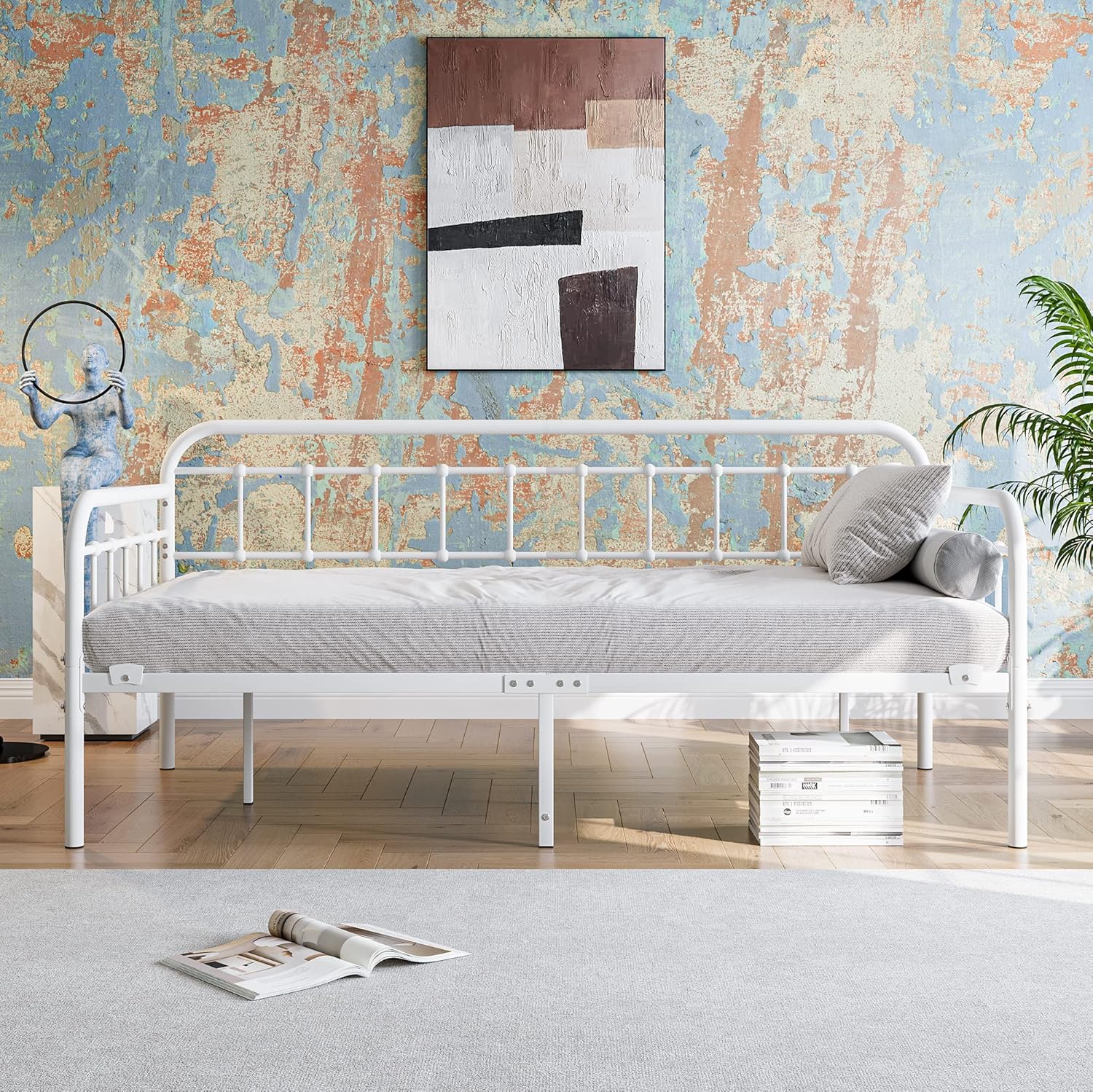 JURMERRY Metal Daybed Frame Twin Size with Steel Slats Platform Furniture, White…