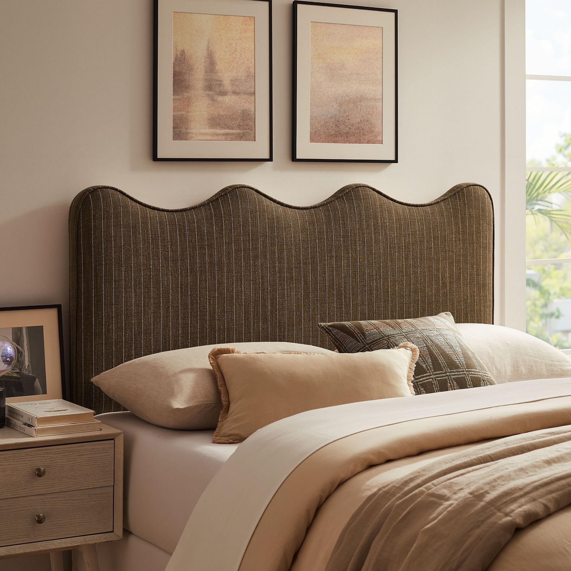 Monday Athena Striped Fabric Upholstered Full Size Adjustable Headboard in Oatmeal Stripe - with Scalloped Wave Design and Soft Linen-Like Fabric