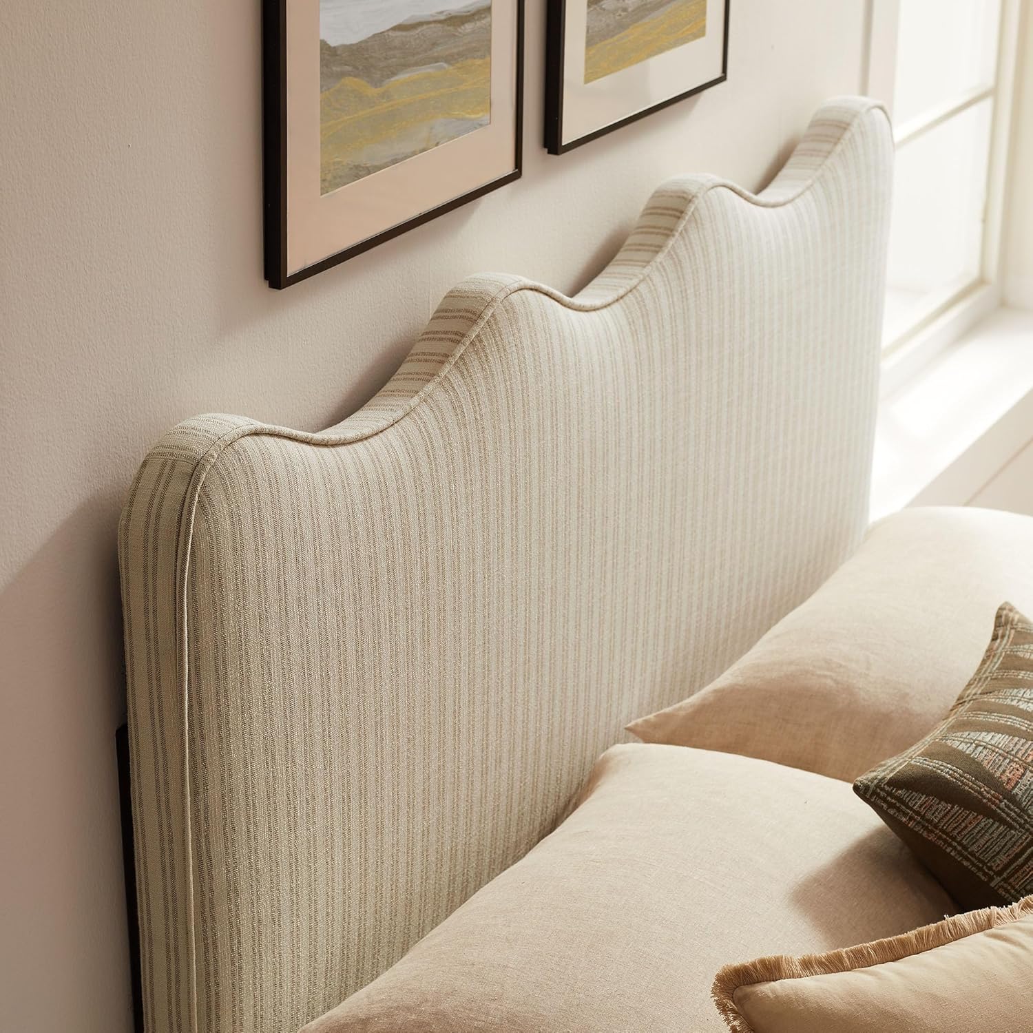Monday Athena Striped Fabric Upholstered Full Size Adjustable Headboard in Oatmeal Stripe - with Scalloped Wave Design and Soft Linen-Like Fabric
