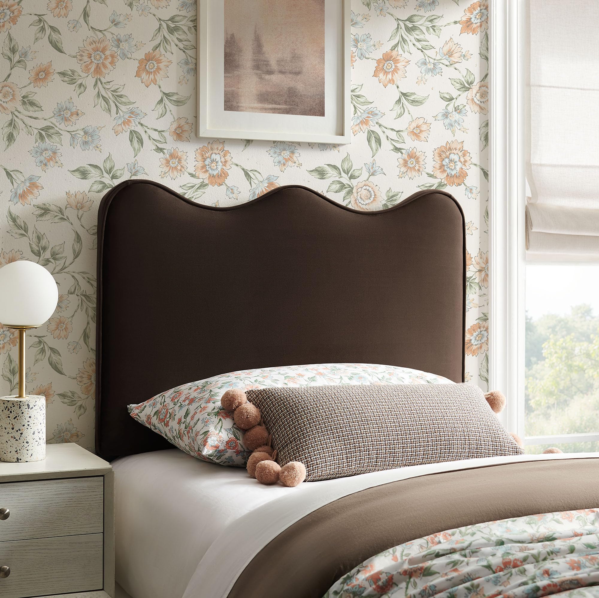 Monday Athena Striped Fabric Upholstered Full Size Adjustable Headboard in Oatmeal Stripe - with Scalloped Wave Design and Soft Linen-Like Fabric