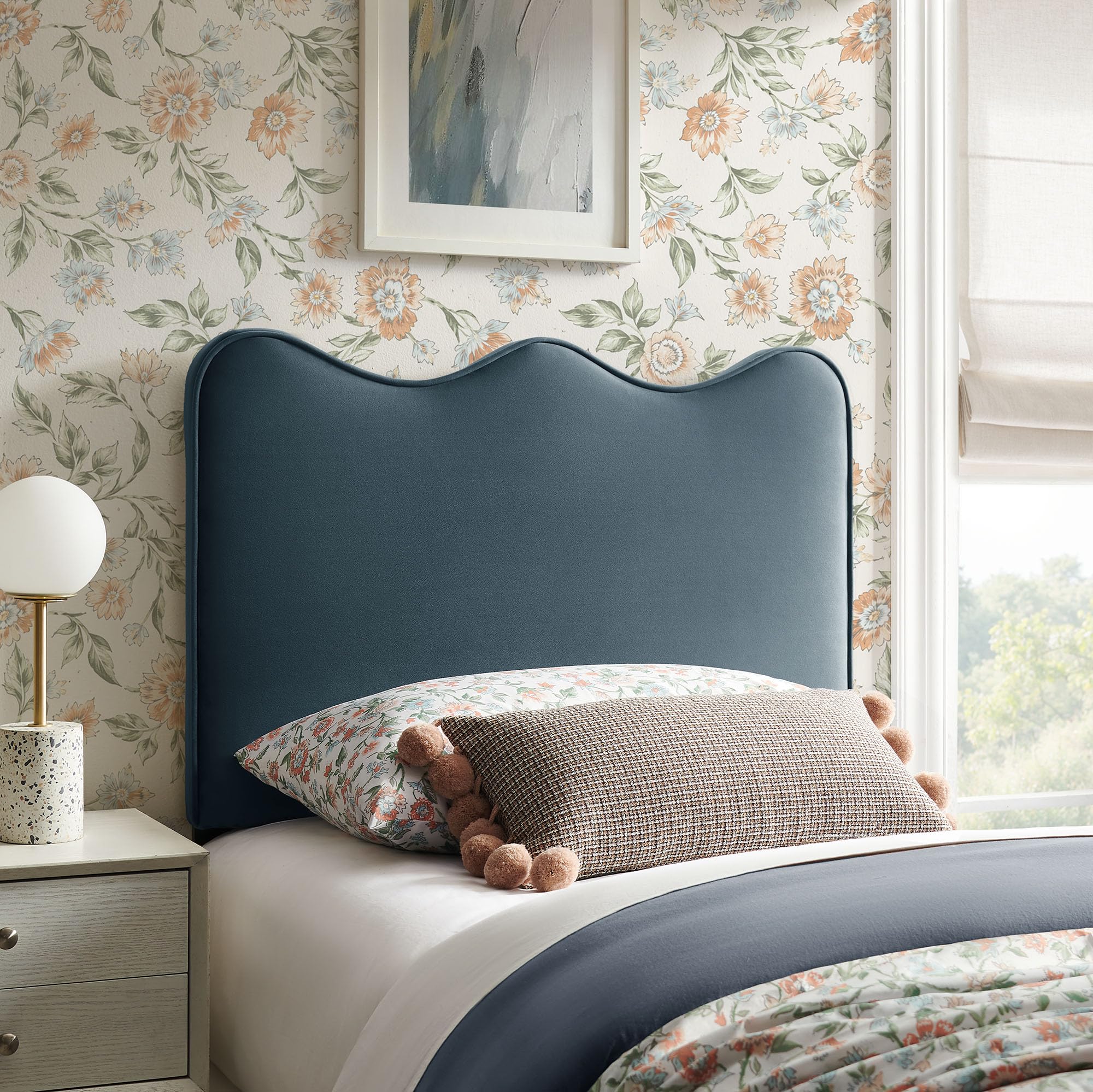 Monday Athena Striped Fabric Upholstered Full Size Adjustable Headboard in Oatmeal Stripe - with Scalloped Wave Design and Soft Linen-Like Fabric