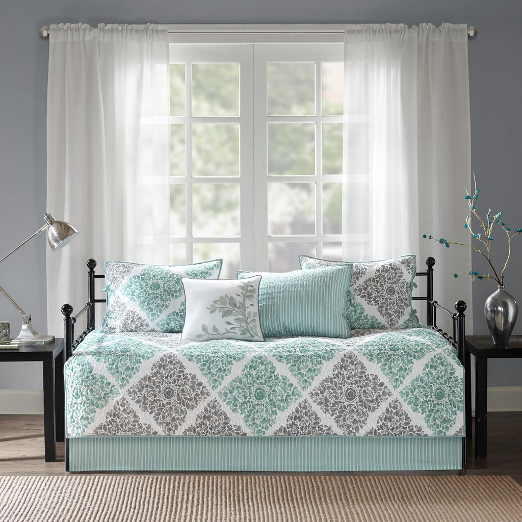 Madison Park Daybed Cover Set - Double Sided Quilting Casual Design, All Season Bedding with Bedskirt, Matching Shams, Decorative Pillow, 75"x39", Diamond Aqua 6 Piece