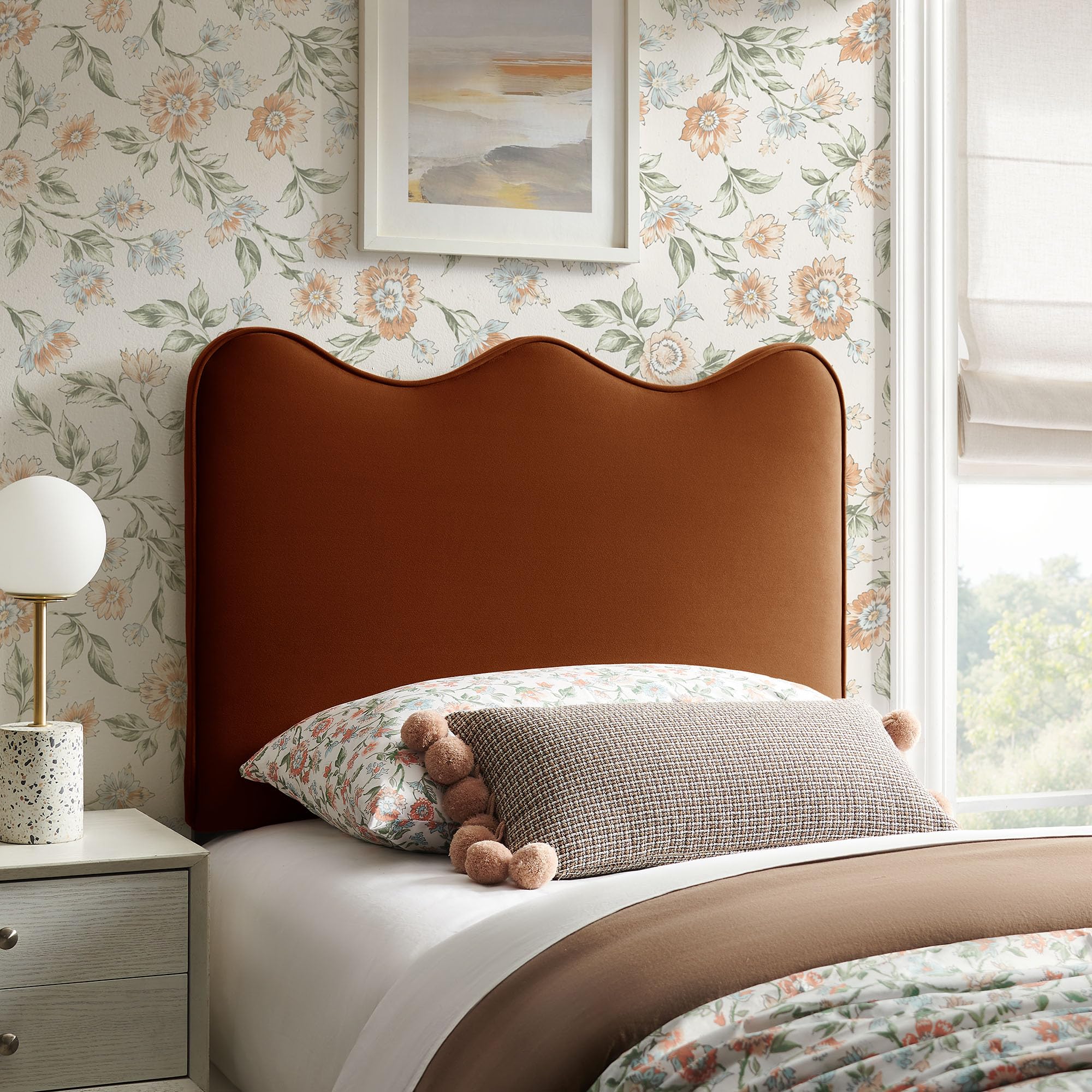 Monday Athena Striped Fabric Upholstered Full Size Adjustable Headboard in Oatmeal Stripe - with Scalloped Wave Design and Soft Linen-Like Fabric