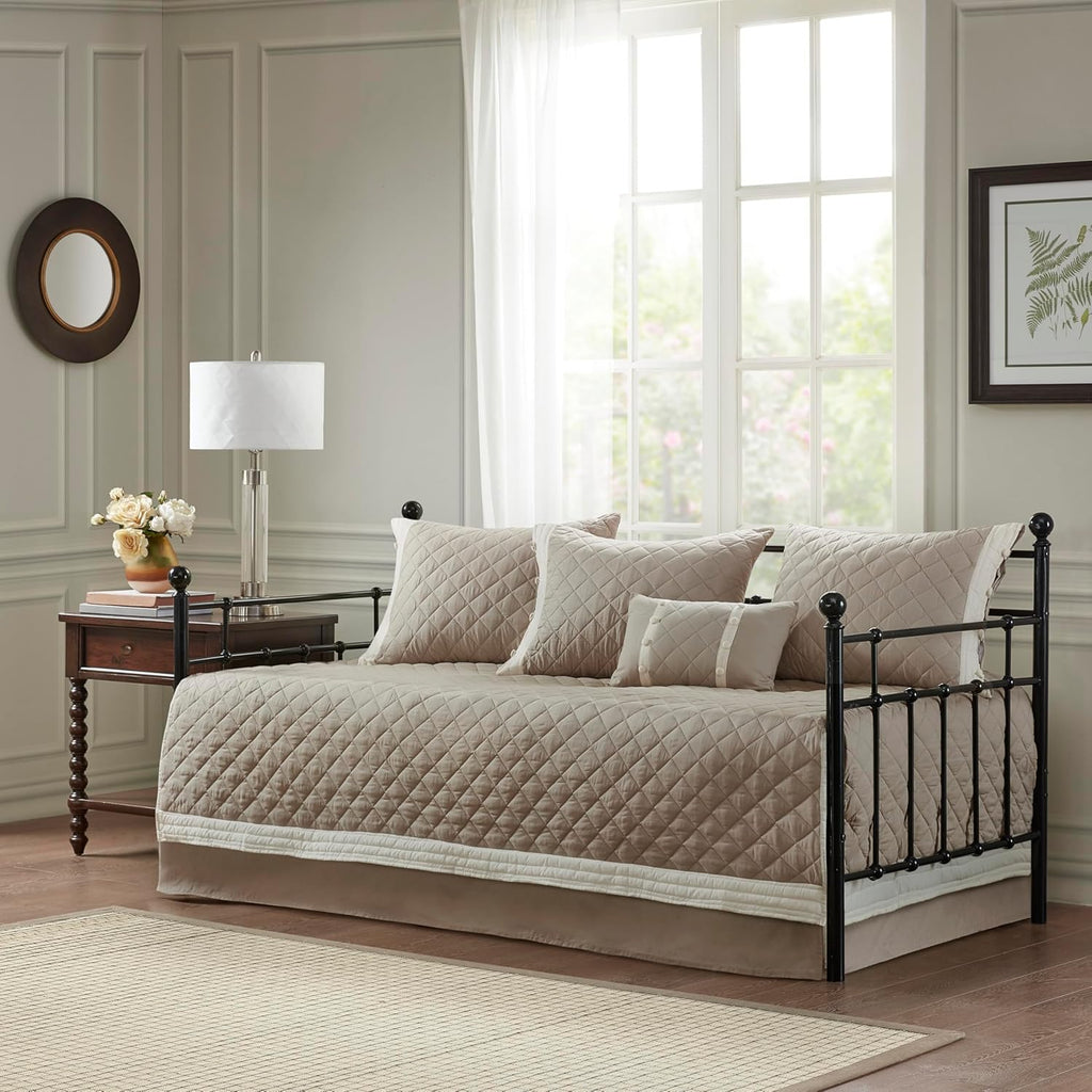 Madison Park 100% Cotton Daybed Cover Set - Trendy Design, All Season Luxury Bedding with Bedskirt, Matching Shams, Decorative Pillow, Diamond Quilted, Khaki 75"x39" 6 Piece