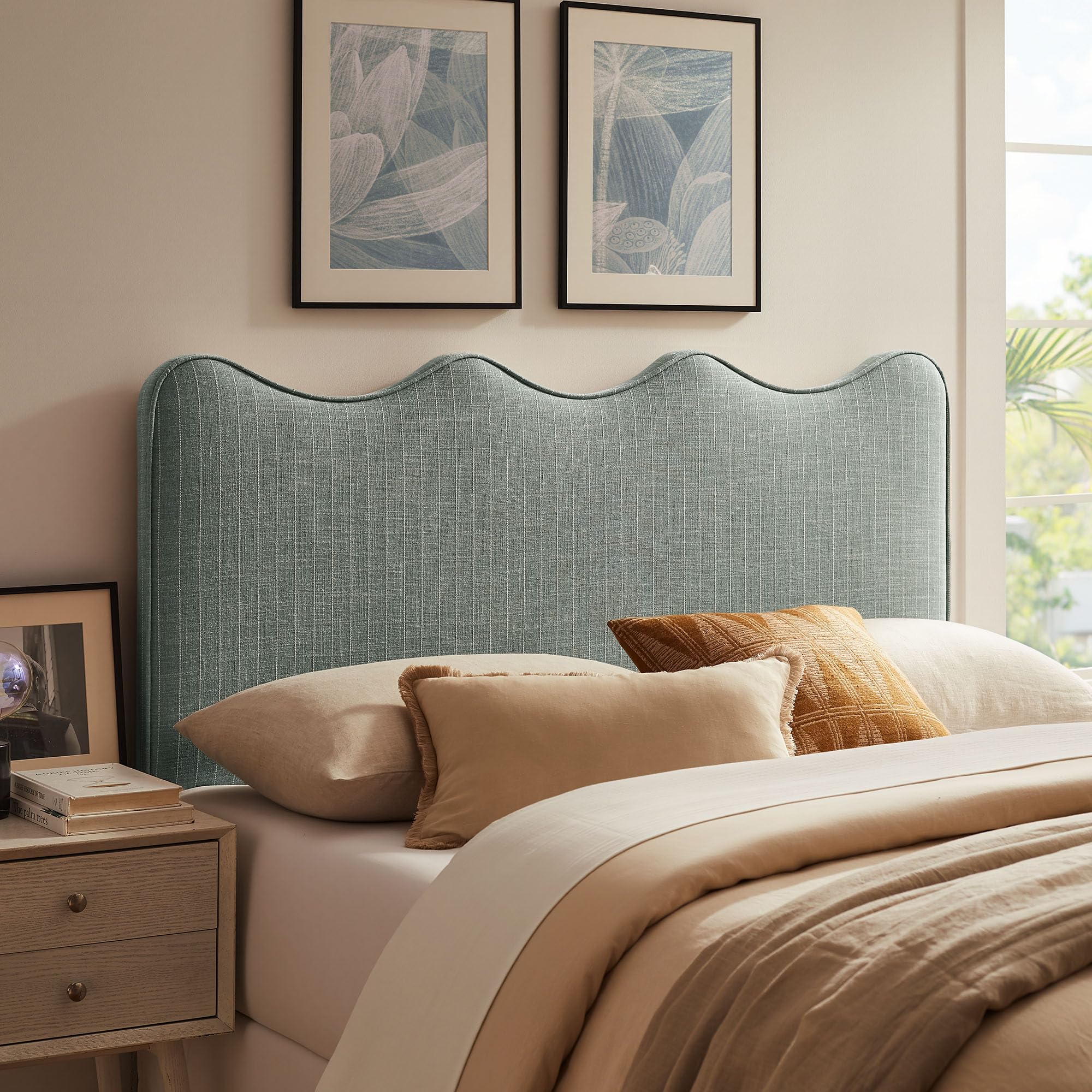 Monday Athena Striped Fabric Upholstered Full Size Adjustable Headboard in Oatmeal Stripe - with Scalloped Wave Design and Soft Linen-Like Fabric