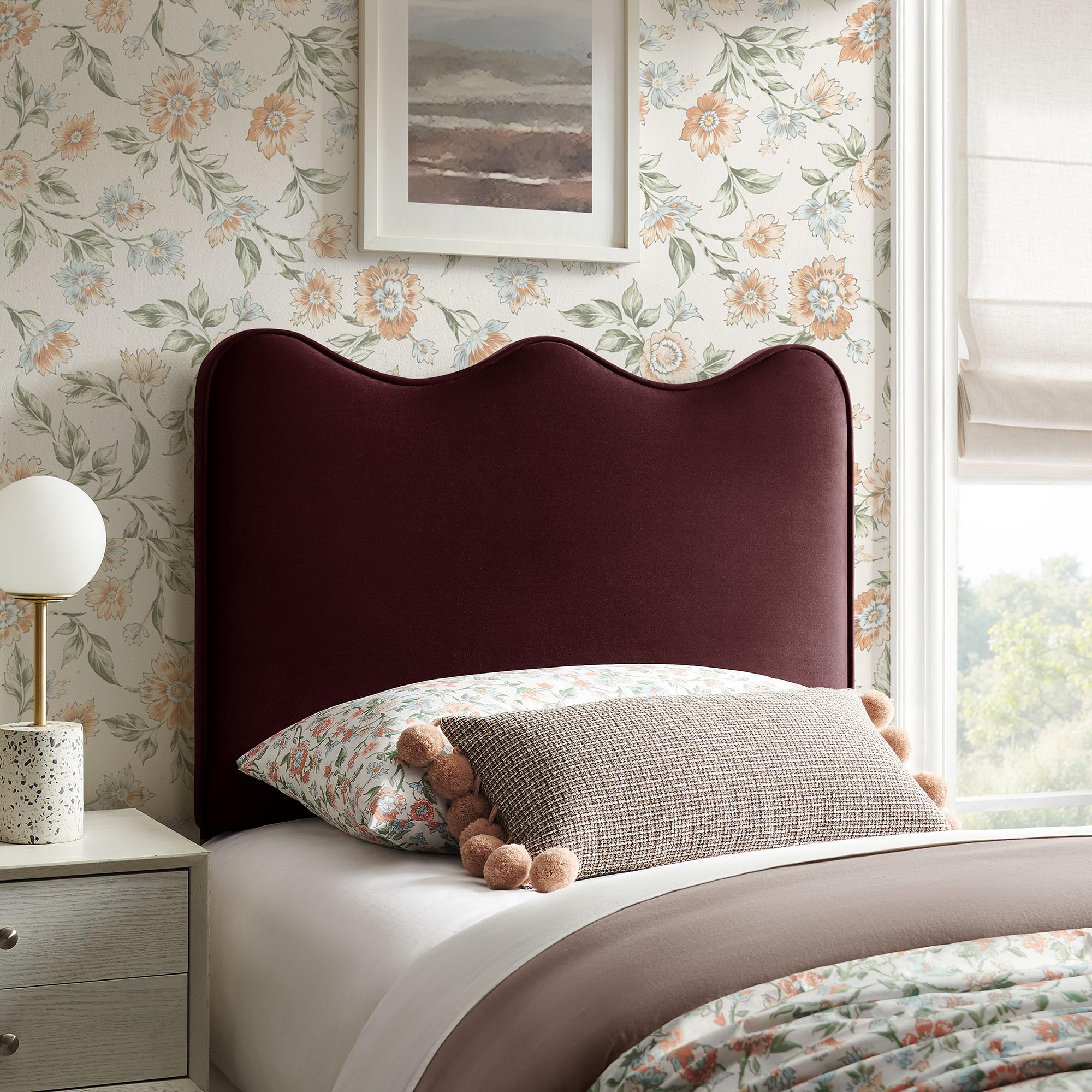 Monday Athena Striped Fabric Upholstered Full Size Adjustable Headboard in Oatmeal Stripe - with Scalloped Wave Design and Soft Linen-Like Fabric