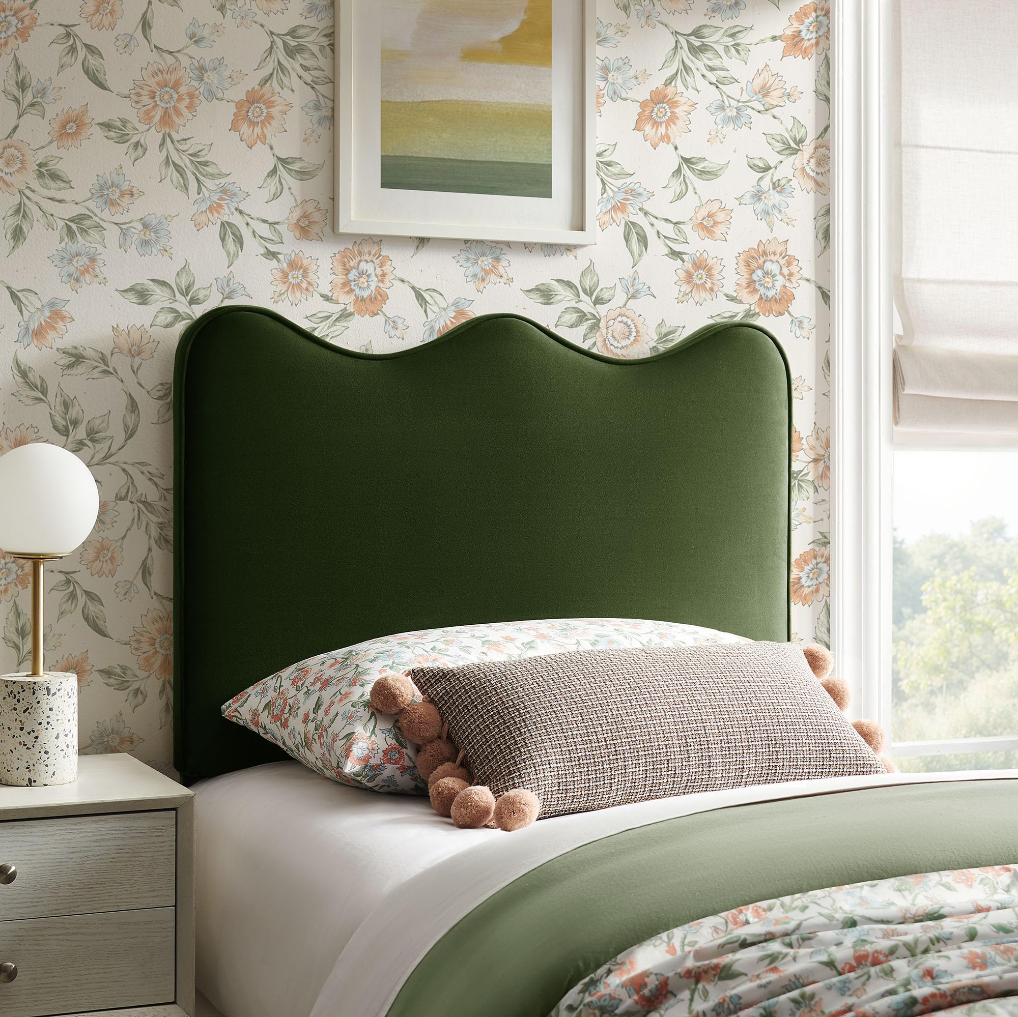 Monday Athena Striped Fabric Upholstered Full Size Adjustable Headboard in Oatmeal Stripe - with Scalloped Wave Design and Soft Linen-Like Fabric