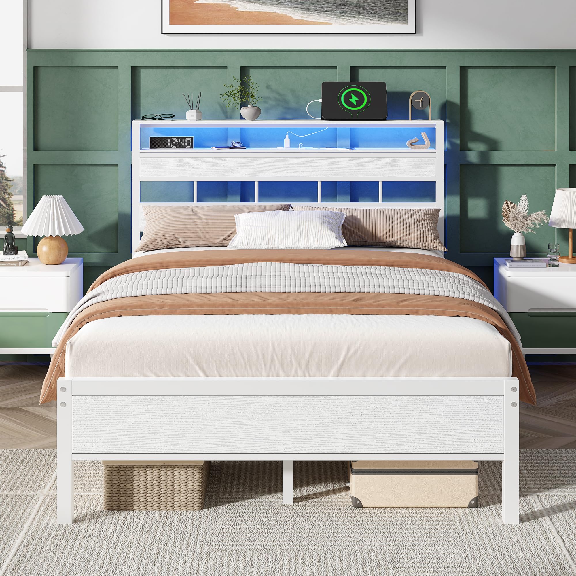 Furnulem Twin Bed Frames with Charging Station and LED Lights, Twin Size Platform Bed with Metal Slats, Wood Headboard with 2-Tier Storage Shelves, No Box Spring Needed, Black Oak