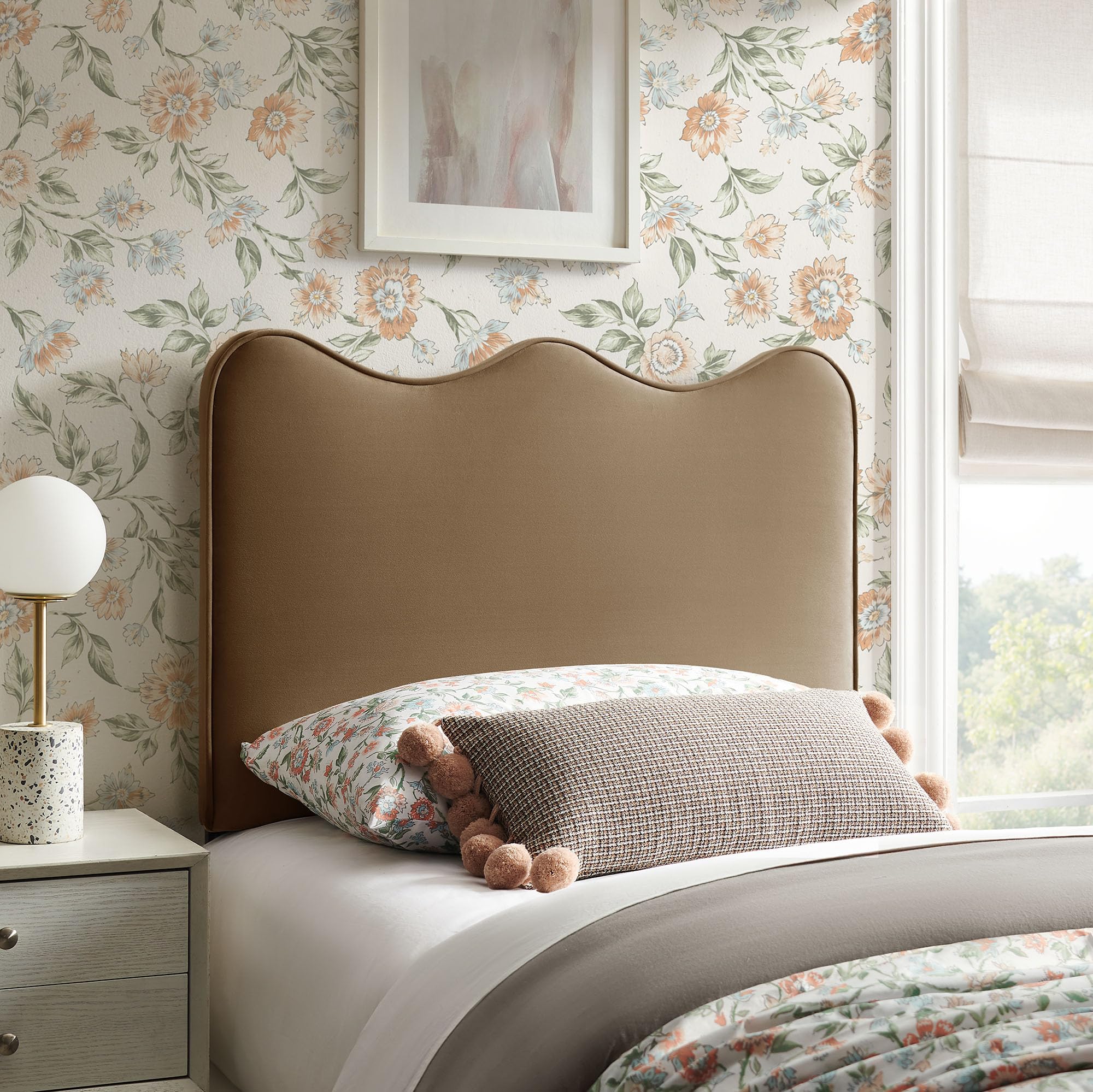 Monday Athena Striped Fabric Upholstered Full Size Adjustable Headboard in Oatmeal Stripe - with Scalloped Wave Design and Soft Linen-Like Fabric