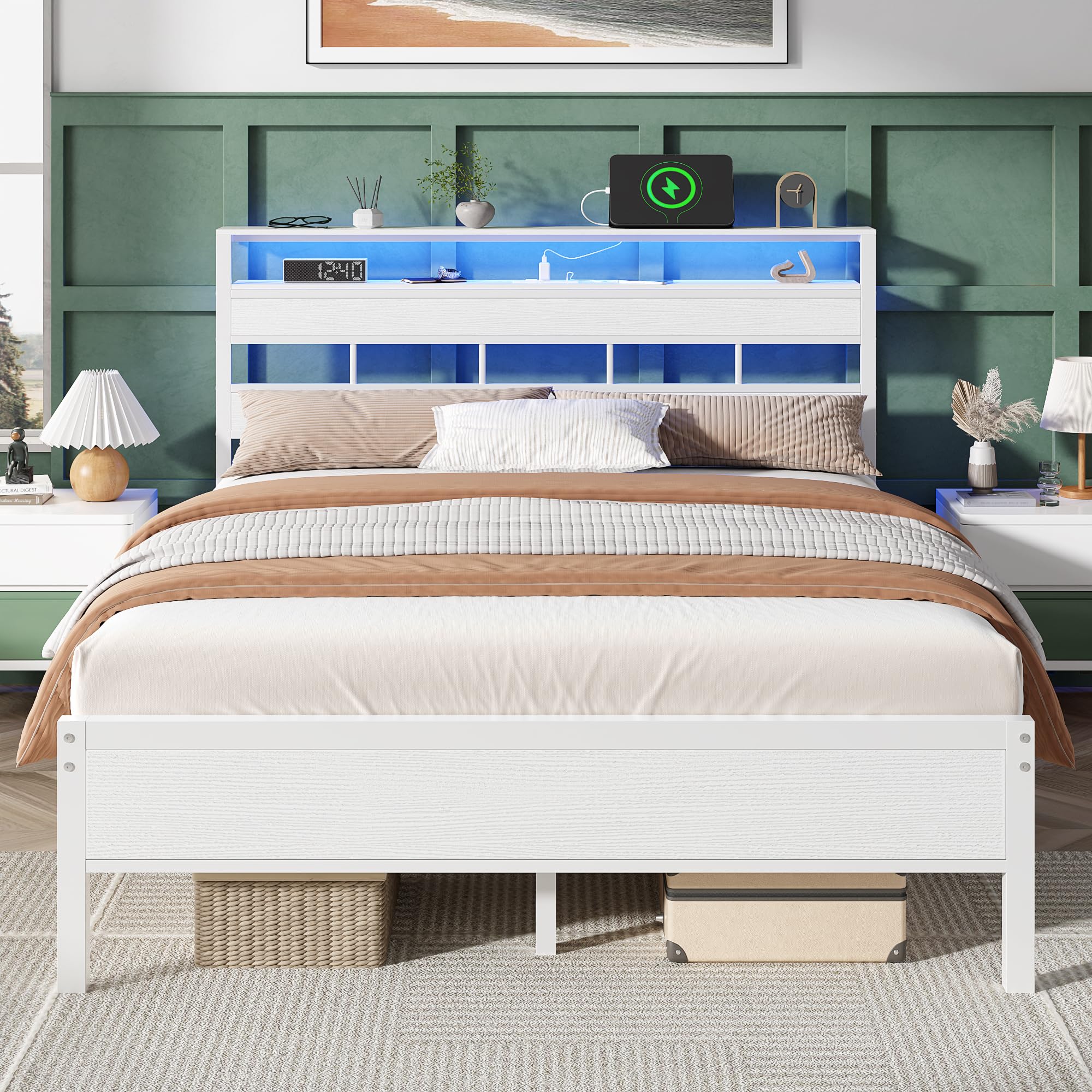 Furnulem Twin Bed Frames with Charging Station and LED Lights, Twin Size Platform Bed with Metal Slats, Wood Headboard with 2-Tier Storage Shelves, No Box Spring Needed, Black Oak