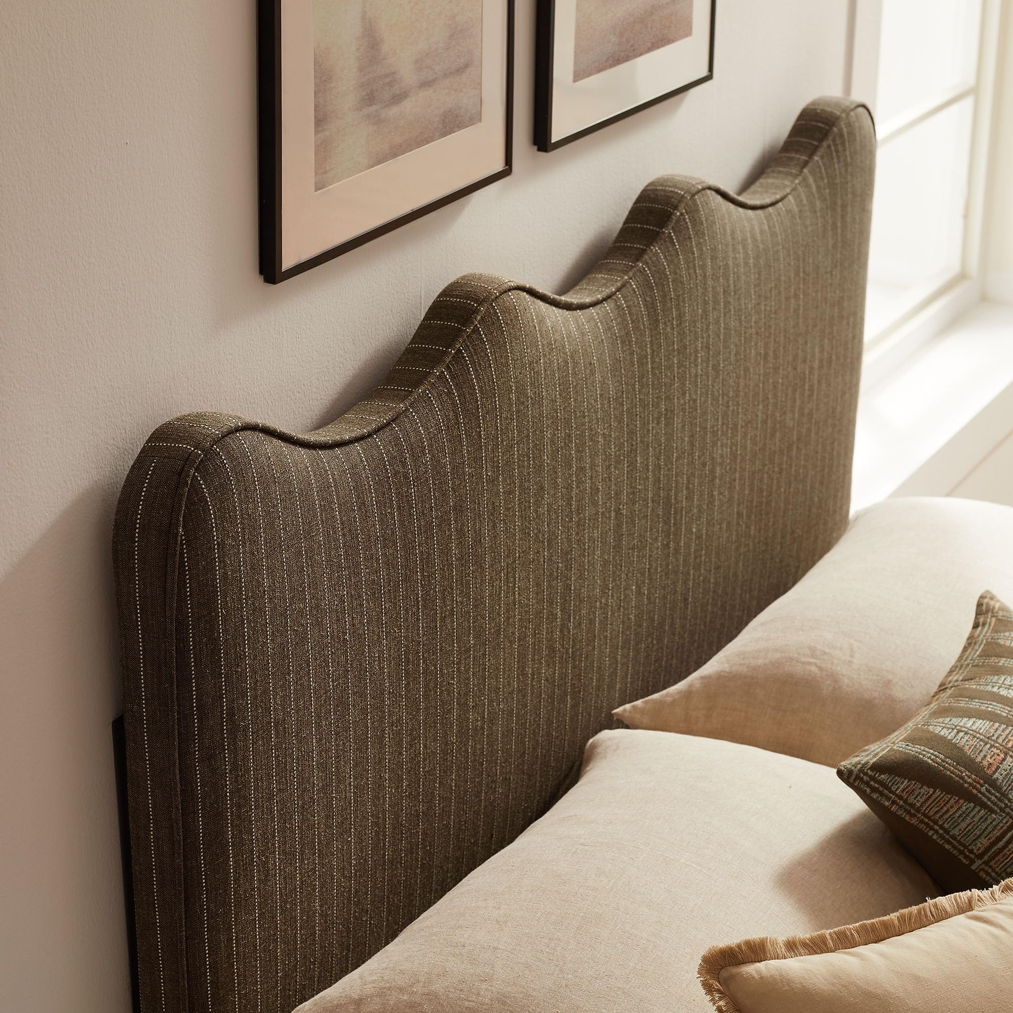 Monday Athena Striped Fabric Upholstered Full Size Adjustable Headboard in Oatmeal Stripe - with Scalloped Wave Design and Soft Linen-Like Fabric
